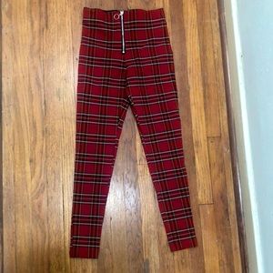 Zara Basic Red Plaid Leggings W/Front Zipper Detail XS/S